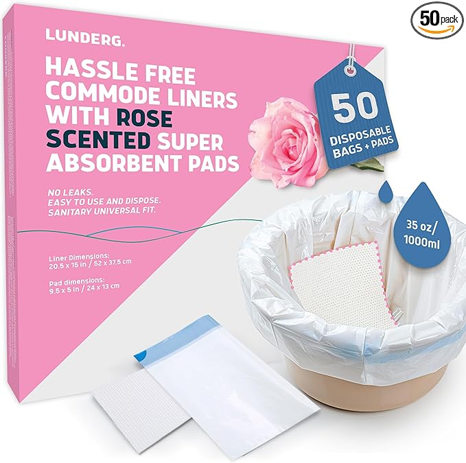 Lunderg Commode Liners with Absorbent Pads - Rose Scent Medical Grade 50 Count Universal Fit - Disposable Bedside Commode Liners and Pads for Adult Chairs, Portable Buckets & Camping Toilet Bags