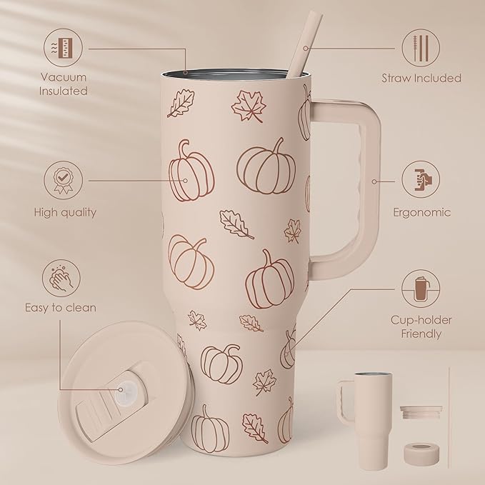 SANDJEST Pumpkin Tumbler with Handle and Straw 40oz – Stainless Sleel Slider Tumbler Travel Coffee Mug for Women - Gift Idea for Fall Autumn Halloween