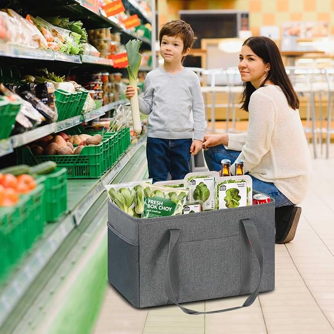 LHZK Standing Utility Tote Bag with Metal Wire Frame and the Sides Rinforced, Large Tote Bag with Handle, Reusable Grocery Bags Foldable, Beach Bag, Car Tote (Grey, 18.5''x11.8''x11.5'')