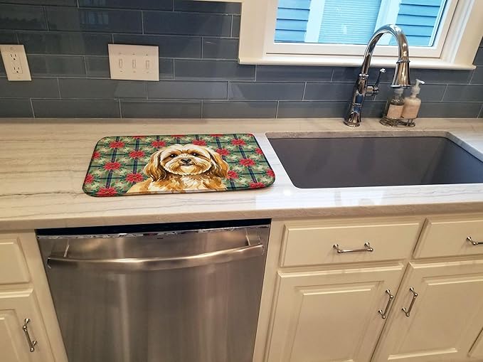 Caroline's Treasures Gold Lhasa Apso Christmas PoinsettIas Dish Drying Mat Absorbent Dish Drying Mat Pad for Kitchen Counter Dish Drainer Mat for Countertop, 14 x 21", Multicolor
