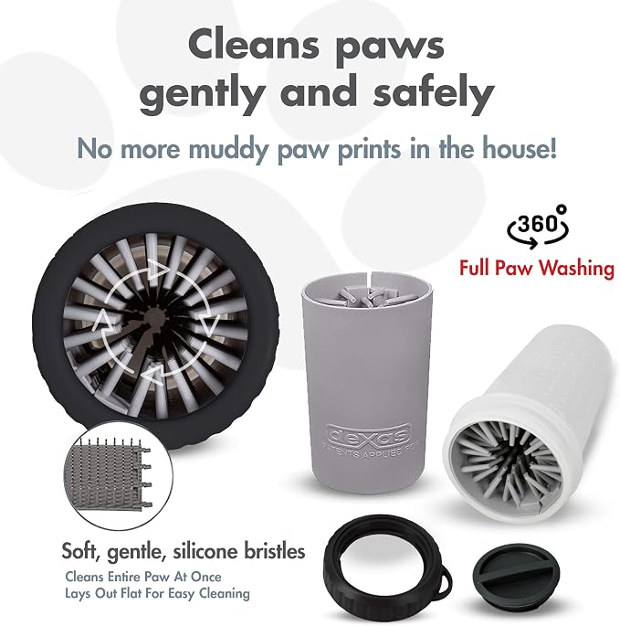 Dexas Lidded MudBuster Medium Dog Paw Cleaner, Light Gray, Fits 1.5"-2.5" Wide Paws, Gentle Silicone Bristles for Quick, Easy Cleaning