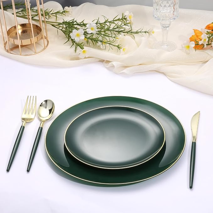 Goodluck 150 PCS Green Gold Plastic Silverware Set for 50 Guests,50 Knives, 50 Forks and 50 Spoons, Food-grade material free of BPA, Gold Plastic Cutlery Ideal for Weddings, Birthdays, Graduation