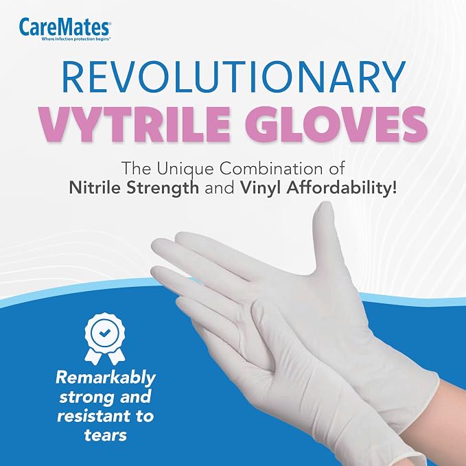 CareMates Vytrile Medical Exam Gloves, Latex Free Rubber, Powder Free, Extra Strong, 4 Mil Thick, Certified for Home Infusion, First Aid, Food Safe, Cleaning Gloves, Medium, 50 Count Pack of 2
