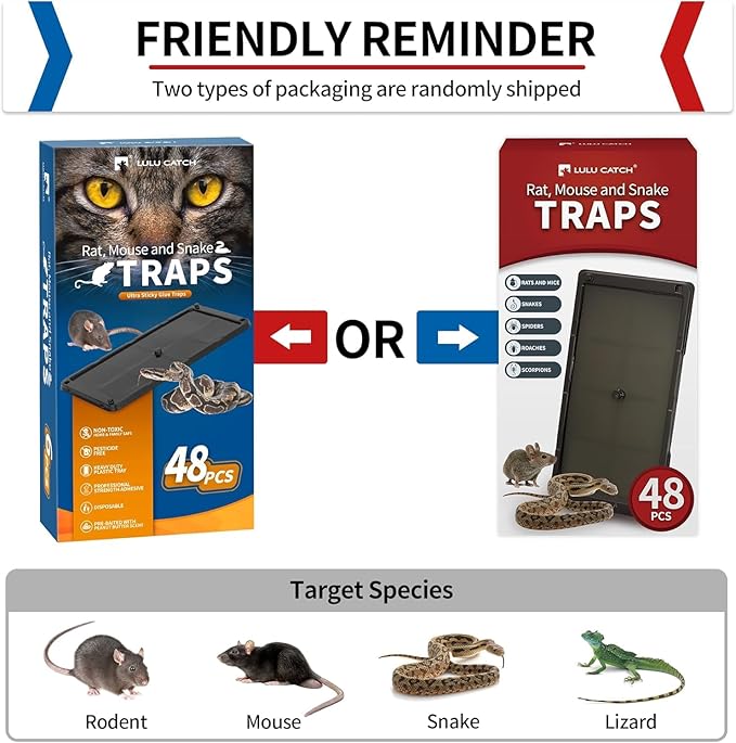 LULUCATCH Sticky Mouse Trap, 48 Pack Large Glue Traps, Pre-Baited Heavy Duty Non-Toxic Bulk Glue Boards Mouse Traps Indoor for Mice, Snakes, Rat, Insects, Cockroaches & Spiders, Pet Safe Easy to Use