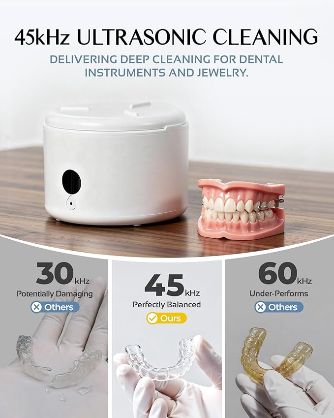 45khz Ultrasonic Retainer Cleaner Machine, Dental Cleaning Pod with 4 Modes & Digital Timer, Mouthguard Cleaner for Dentures, Aligners, Mouth Guards, Night Guards, Jewelry