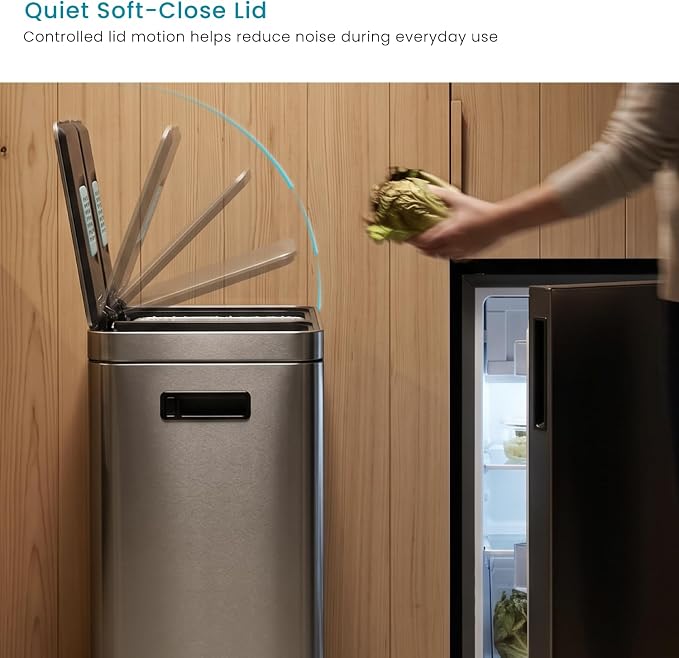Home Zone Living 16 Gallon Kitchen Trash Can with Dual Compartments | Stainless Steel with CleanAura Odor Control, Soft-Close Step Pedal Lids for Recycling, Silver