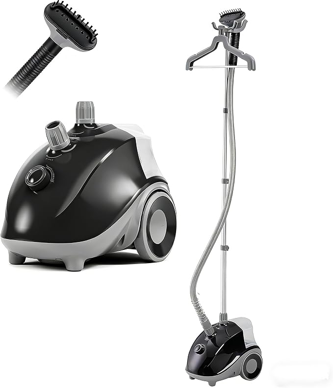 Simple Deluxe Standing Garment Steamer with Wheels, 1500W High-Power Steam, 1.7L Tank for 55 Mins Non-Stop Use, Adjustable Telescopic Pole, Professional Wrinkle Eraser for Clothes, Black