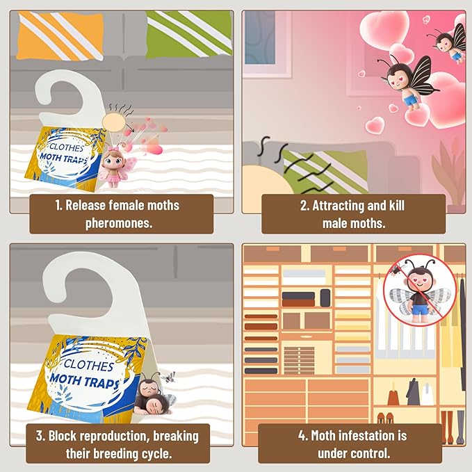 Clothing Moth Trap with Pheromone Attractant 8 Pack, Easy to use Clothes Moth Treatment, Odorless/Non-Toxic Strong Sticky Strips for Closet and Carpet