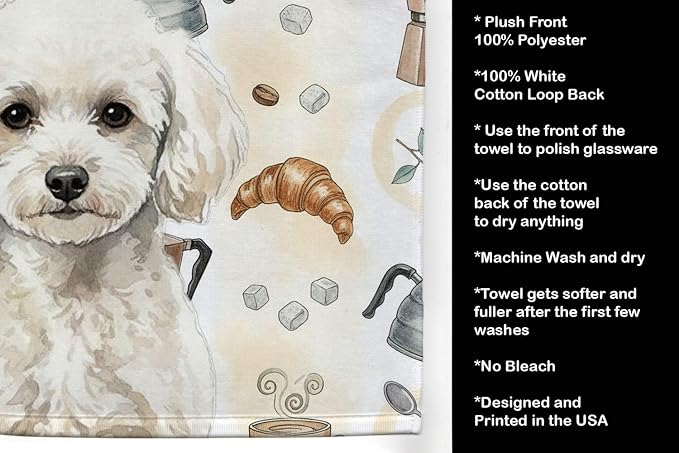 Caroline's Treasures Toy White Poodle Coffee Bar Kitchen Towel Velour Plush Front and Cotton Loop Back Machine Washable
