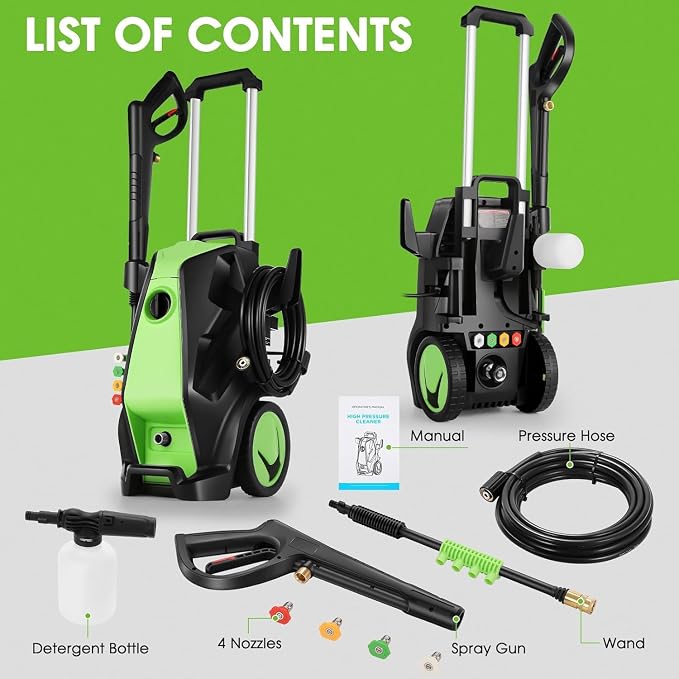 Electric Pressure Washer, 5000 PSI 3.9 GPM Heavy Duty Power Washer with Foam Cannon, 4 Nozzle Tips,33FT Hose and Soap Bottle for Home/Cars/Driveways/Patios/Decks/Fences,Green