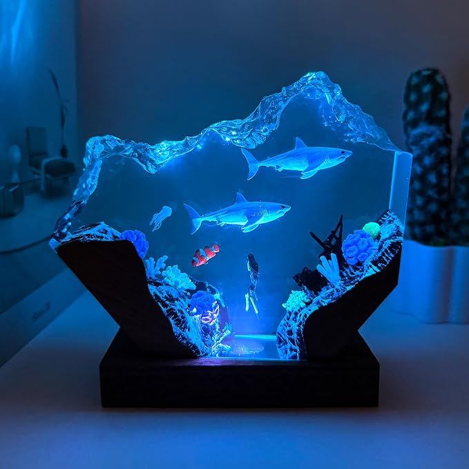 Scuba Diver and Shark Ocean Resin Lamp, Handmade Resin Night Light for Home Office Decor, Multi-Color LED Light with USB Port, Scuba Diver Gifts for Birthday, Shark Gifts for Women and Men (6"x4")
