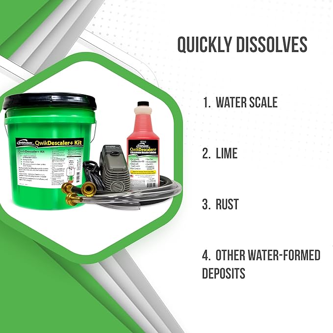 QwikProducts QwikDescaler + Concentrated Descaler Solution, Tankless Water Heater Descaling Solvent for Heat Exchanger, Quickly Dissolves Scale, Lime, Tarnish and Deposits, 1 Gallon