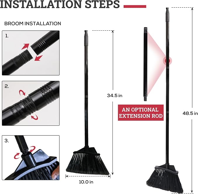 KLEEN HANDLER 48.5" Broom with Dustpan Combo Set with Long Handle for Home, Kitchen, Office, Lobby, Indoor/Outdoor Sweeping & Commercial Use, Black (1 Set)