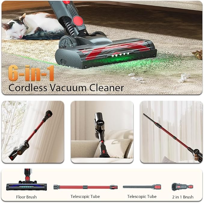 Cordless Vacuum Cleaner, Home Lightweight Cleaner with LED Display, 3 Modes 6 in 1 Stick Vacuum House Rechargeable of 45Min Detachable Battery Self-Standing Cleaner Floor Carpet Pet Hair