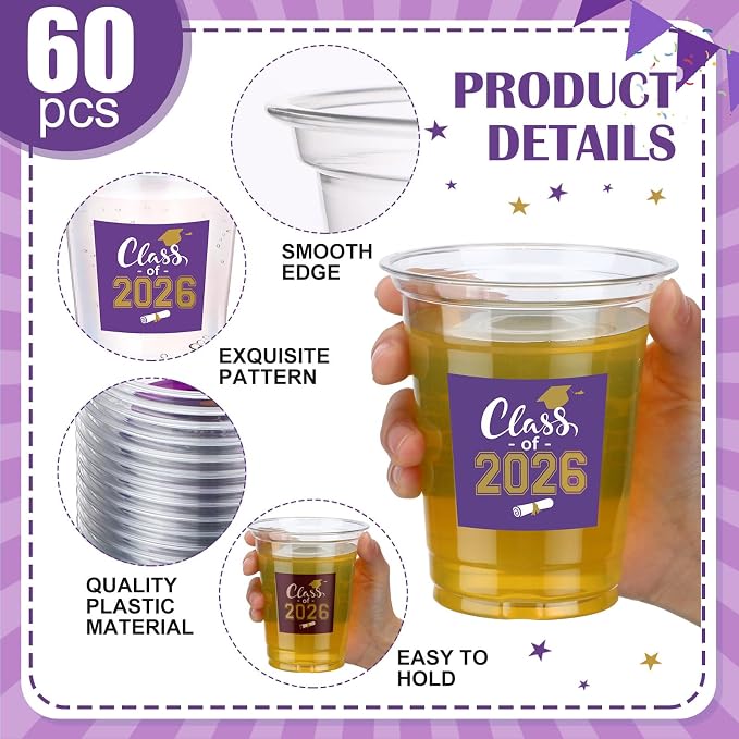 Amyhill 60 Pack 12oz Graduation Cups 2026 Graduation Decorations Disposable Plastic Cups Sturdy&Durable Drinkware for Class of 2026 Decorations Congrats Grad Party Favors Supplies (Gold Purple)