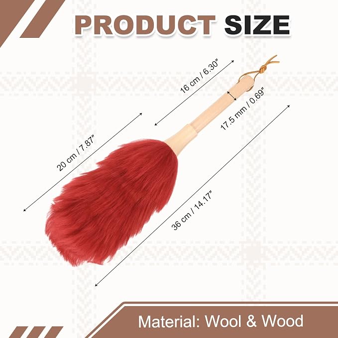 uxcell Wool Duster, 14.2" Natural Feather Cleaner Household Cleaning Duster with Solid Wooden Handle for Cleaning Fans Window Blinds Shelves Furniture, Red
