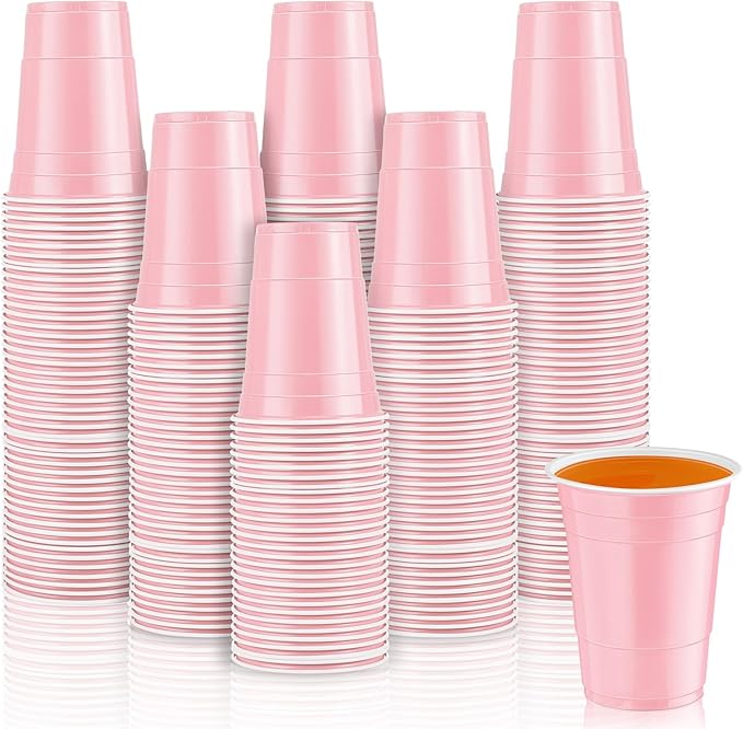 Lounsweer 100 Pcs 16 oz Disposable Party Cups Plastic Heavy Duty Drinking Water Cups for Birthday Baby Shower Wedding BBQ Picnic Party Supplies(Light Pink)