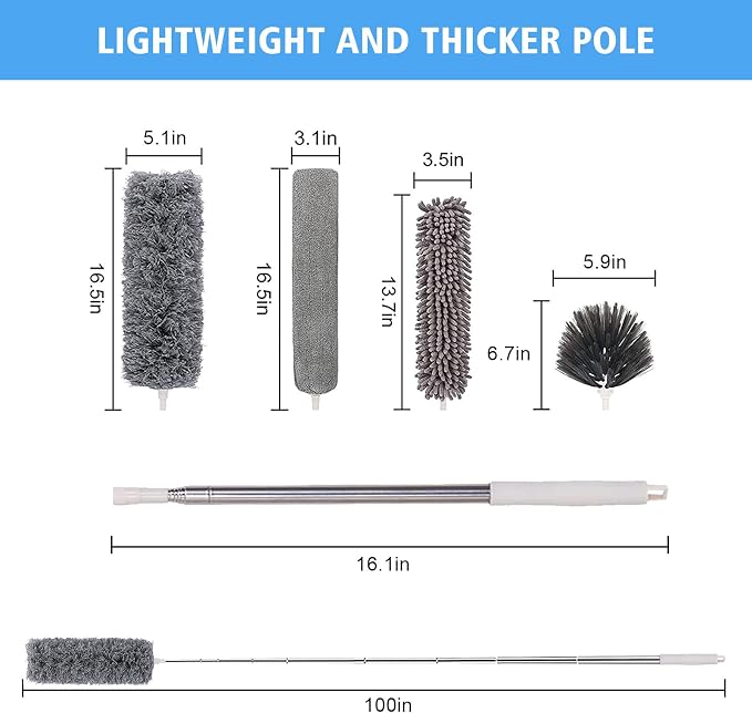 Tiumso Heavy Duty Broom Indoor Outdoor Commercial Broom, 55" Long Handle Broom with CornerReach and Microfiber Duster 5-in-1 Kit with Extendable Pole for Home Office Kitchen and High Ceilings