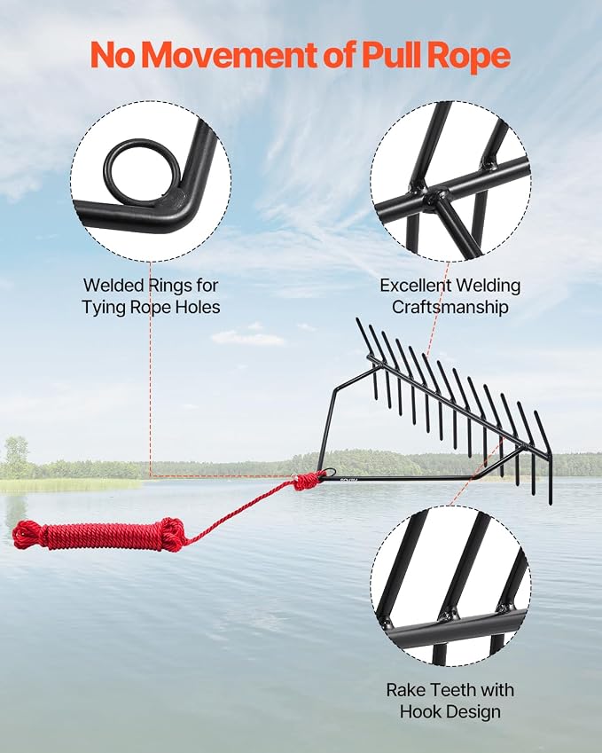 VEVOR 24 in Aquatic Weed Rake, 8.7 in Double Sided Lake Weed Rake, Pond Weeds Cutter with 30ft Rope, Tie Hole, No Assembly Required, Lightweight Muck Lilypad Clearing Tool for Pond, Lake, Rivulet