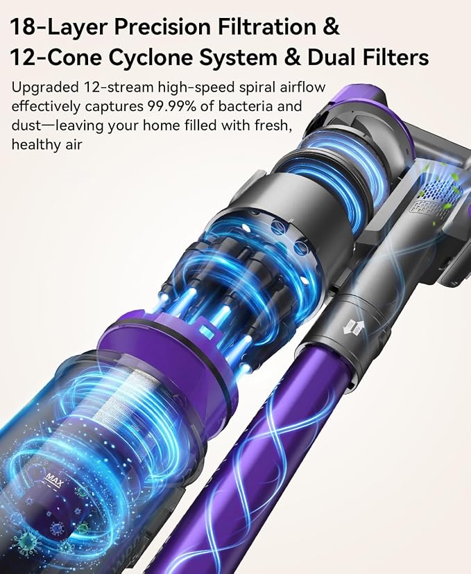 Cordless Vacuum Cleaner 60,000Pa,70 Min 150,000PRM Vacuum Cleaner, 18-Layer Filtration Vacuum, Self-Standing Vacuum Cleaners for Home with 1600ml Cup for Pet Hair Carpet Hardwood Floor Car X18