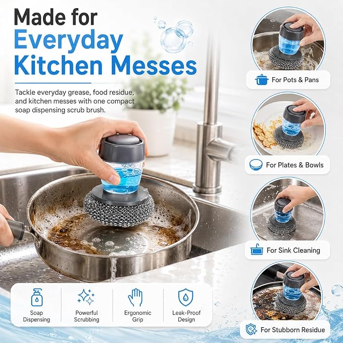 Soap Dispensing Palm Brush Set, 2 Pack Dish Scrubber with Soap Dispenser and 6 Replacement Steel Wool Pads, Press Top Kitchen Scrub Brush for Dishes Pots Pans Sink Cleaning