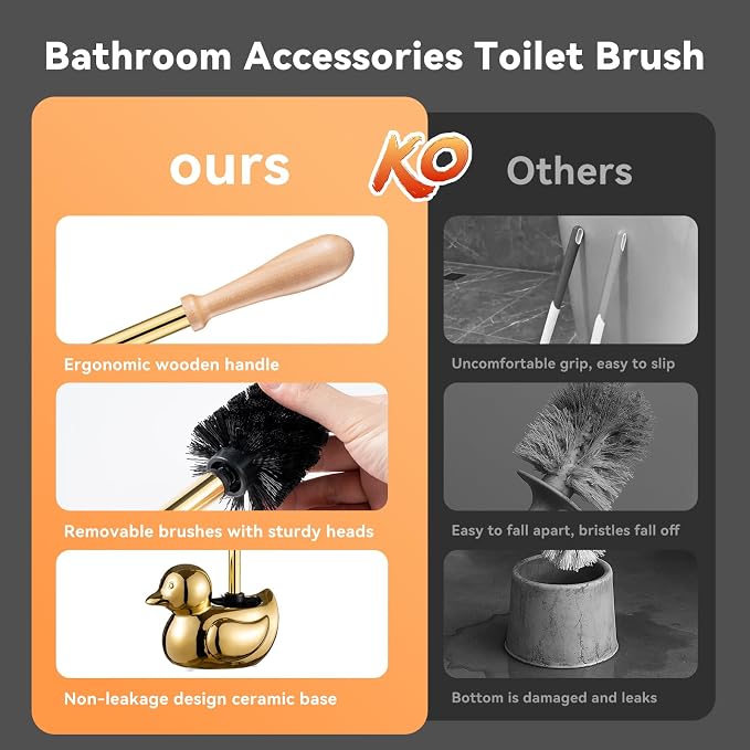 Gold Duck Toilet Brush and Holder Set,Non-Slip Handle Toilet Bowl Brush with Wooden & Stainless SteelHandle, Practical Bathroom Accessories Cleaning Tools Set，1 pcs
