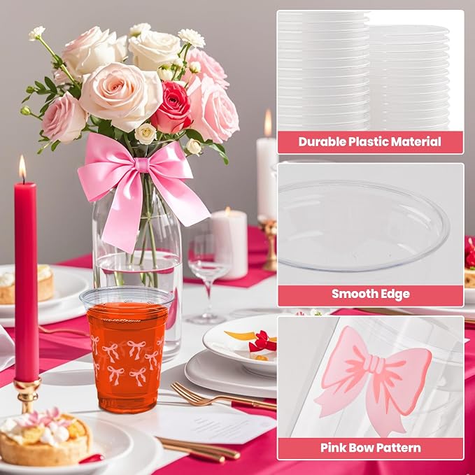 150 Pack Pink Bow Party Plastic Cups 12 oz Coquette Bow Disposable Drinking Cups for Bachelorette Bridal Shower Birthday Party Decorations