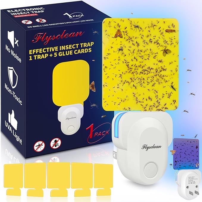 Flying Insect Trap Plug-in, Indoor Mosquito & Gnat Killer, Safe Non-Toxic UV Light Fly Catcher, Night Light Bug Trap with Sticky Pad for Flies, Gnats, Moths (1 Pack, Ivory)