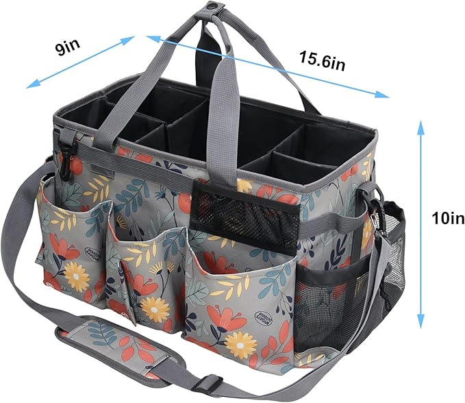 Wearable Cleaning Caddy Bag, Kitchen Supplies Organizer with Handle&Shoulder Strap, Under Sink&Car Cleaning Tool Tote with 4 Foldable Dividers for Housekeepers Cleaners (Grey Floral)
