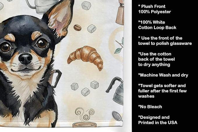 Caroline's Treasures Black and Tan Chihuahua Coffee Bar Kitchen Towel Velour Plush Front and Cotton Loop Back Machine Washable