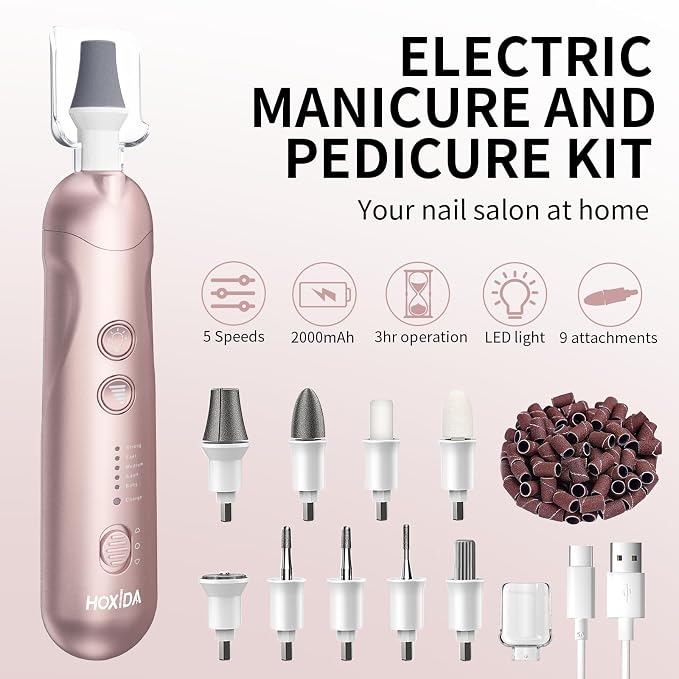 Hoxida Manicure Pedicure Kit, Professional Nail Grinder for Senior Thick Toenail, Cordless Electric Nail File, 5 Speeds Pedicure Tools for feet Callus Remover, Nail Drill for Women Hand Feet Care