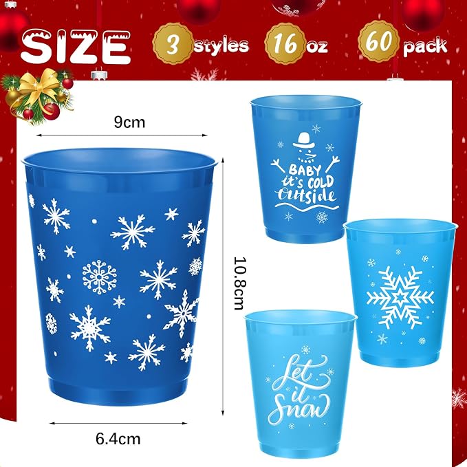 Ziliny 60 Pcs Winter Plastic Cups Reusable Winter Snowflake Coffee Cups Tumblers Snow Holiday for Hot Cold Drinks Chocolate Beer Party New Year Holiday Supplies(16 oz)