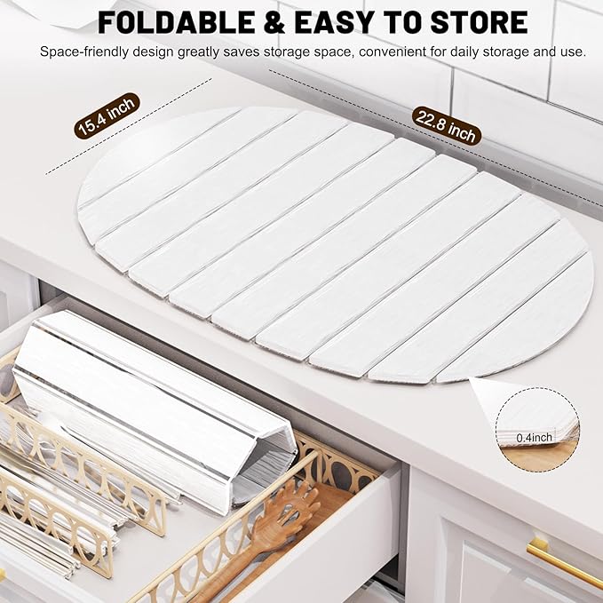Large Stone Drying Mat for Kitchen Counter, Quick Drying Foldable Dish Drying Mat, Super Absorbent Diatomaceous Earth Drying Mat for Dishes Bottles Cups, Match Any Countertop (White, 22.8"x15.4")