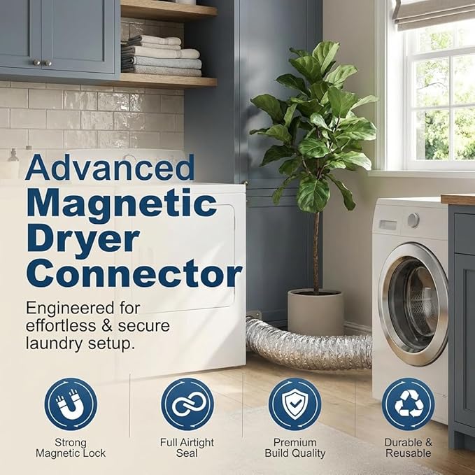Magnetic Dryer Vent Connector Kit with Quick Connect Dryer Vent Design for Tight Spaces & Apartments, Aerospace Aluminum Body, Strong Hold, Includes 3.3ft Hose & 2 Clamps