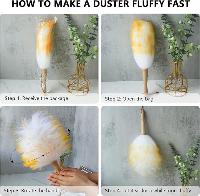 Lambswool Duster 14'' Length Solid Wooden Handle Leather Hang Strap for Cleaning Ceiling Fans Window Blinds Computer Furniture Figurines TV Natural Feather Duster,Yellow+White