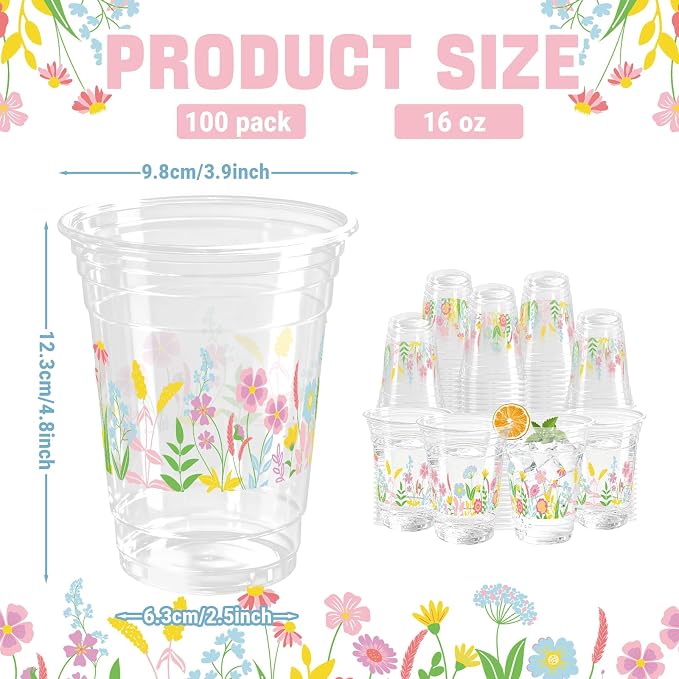 100 Pcs Wildflowers Plastic Cups 16 oz Spring Flowers Disposable Clear Plastic Cups Summer Drinking Cup for Floral Baby Shower Birthday Wedding Party Decoration Supplies