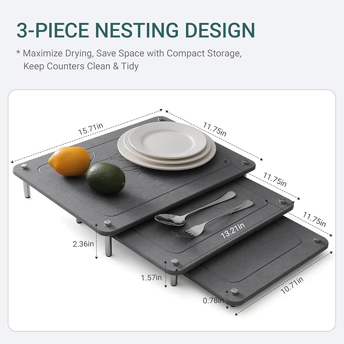 3Pcs Nesting Diatomaceous Earth Stone Drying Mat, Superior Water Absorption Quick Drying Dish Mat with Non-Slip Feet for Stability, Easy to Clean, Ideal for Kitchen Counter Sink Area