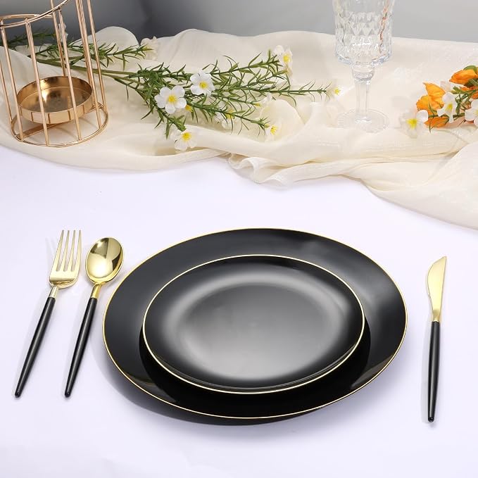 Goodluck 150 PCS Black Gold Plastic Silverware Set for 50 Guests,50 Knives, 50 Forks and 50 Spoons, Food-grade material free of BPA, Gold Plastic Cutlery Ideal for Weddings, Birthdays, Graduation