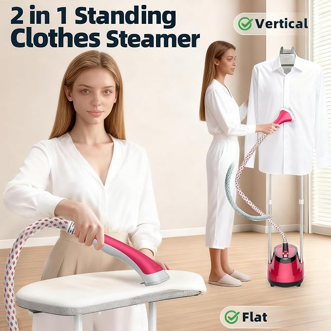 Upright Steamer for Clothes 1350W Turbo Boiler Standing Garment Steamer 1.6L Water Tank 1h Continuous Steam Flat&Hanging Ironing Double Retractable Rod 10 Modes 30s Fast Preheat for all Fabrics (RED)