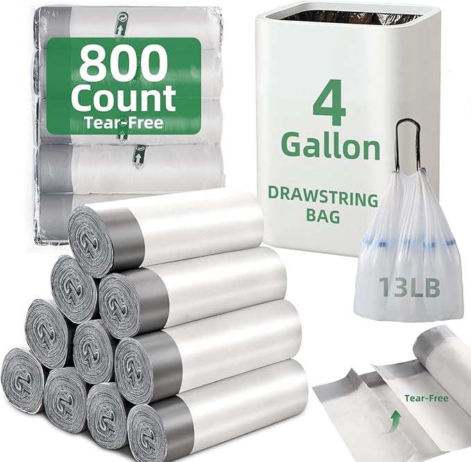 800 Counts 4 Gallon Trash Bag Drawstring Small Trash Bags, Thick Pre-separated Garbage Bags, Trash Bin Liners, Suitable for bathroom, kitchen, bedroom, office (White)