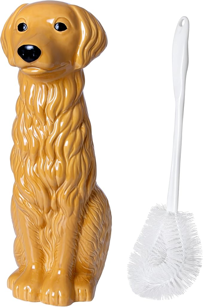 Golden Retriever Ceramic Toilet Brush Holder with Plastic Brush Set by Allure Home Creation