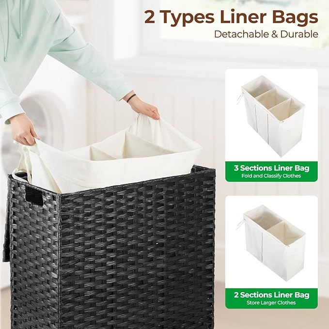 Greenstell Laundry Hamper with Lid, 125L Wicker Laundry Baskets with 2 Removable Liner Bags & 5 Mesh Laundry Bags, Handwoven Rattan Clothes Hamper with Handles for Clothes in Bathroom, Bedroom