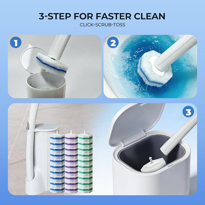 Disposable Toilet Brush Cleaning Supplies, Toilet Bowl Cleaner and Holder Set with 30 Toilet Wand Refill Pads, Wall Mounted Toliet Wand Kit Bathroom Maintenance, Storage Caddy (White)