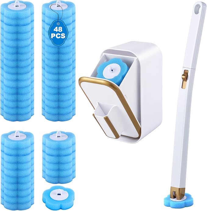 Disposable Toilet Brush with 48 Refills, Bowl Toilet Brush with Wall Mounted Holder, Limescale Remover Cleaning for Hygienic Bathroom Cleaning