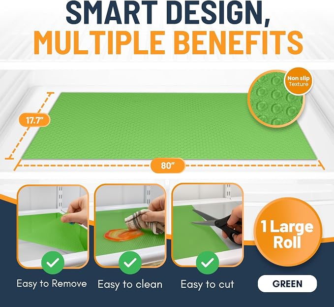 Refrigerator Liners for Shelves by Linda’s Essentials - Easy to Clean Fridge Liner with Spill Protection Fridge Shelf Liners & Drawer Liner, Nonslip BPA-Free Refrigerator Mats (Green Roll)