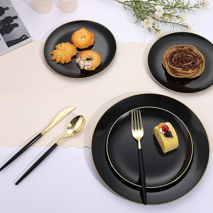 Goodluck 150 PCS Black Gold Plastic Silverware Set for 50 Guests,50 Knives, 50 Forks and 50 Spoons, Food-grade material free of BPA, Gold Plastic Cutlery Ideal for Weddings, Birthdays, Graduation