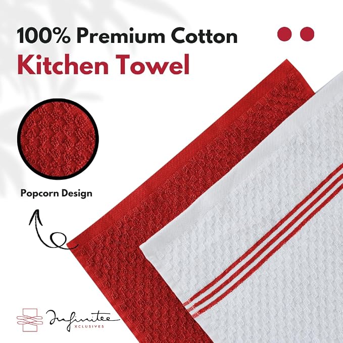 Infinitee Xclusives Kitchen Towels Bundle - Pack of 6 Grey + Pack of 6 Red - Soft Absorbent Cotton Dish & Cleaning Towels Set