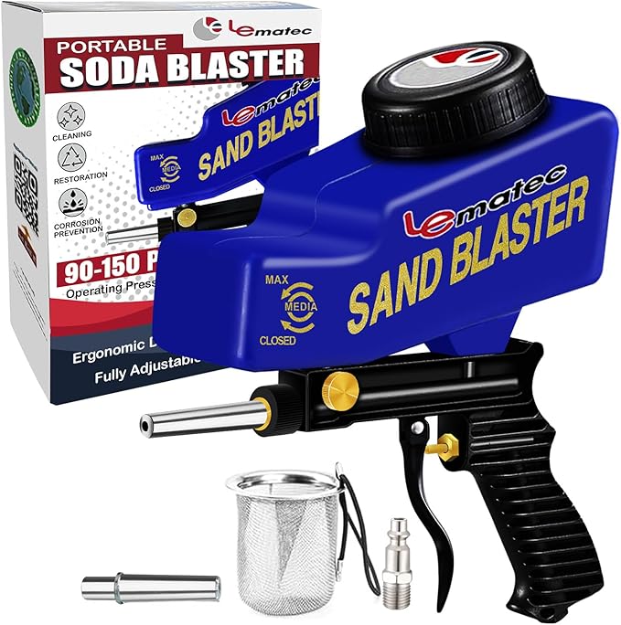 LE LEMATEC Sand Blaster Gun Kit for Air Compressor - Portable Sandblaster for Paint & Rust Removal, Metal, Wood, Auto Surface Prep, Works with Soda Sand Walnut Media, 150 PSI Gravity-Fed