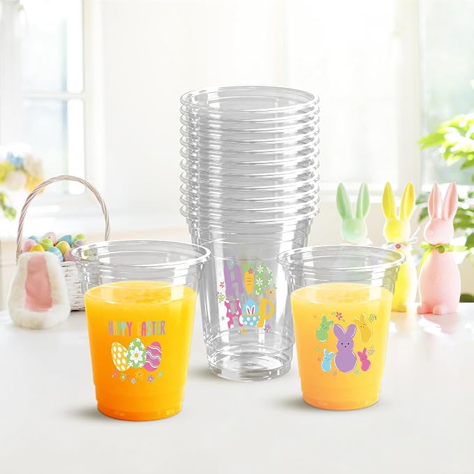100 Pcs Happy Easter Plastic Cups, 12 Oz Rabbit Bunny Eggs Disposable Clear Party Cups for Spring Easter Party Decoration Supplies Cold Drinking Beverage Ice Cream Snacks