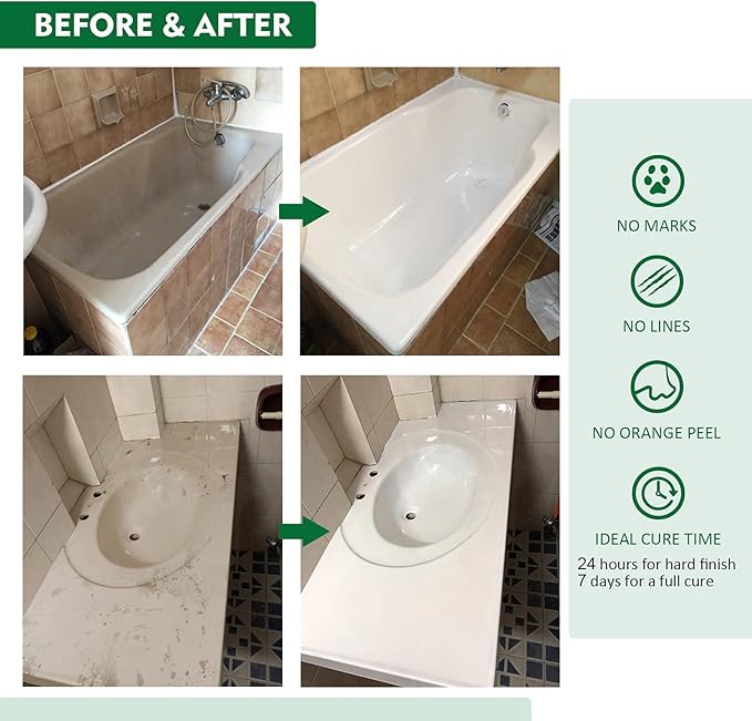 NADAMOO Tub and Tile Refinishing Kit (1kg / 35 oz, with tools), Bathtub Sink Countertop DIY Paint Kit for Bathroom Kitchen Porcelain Fiberglass, Semi-gloss White Coat